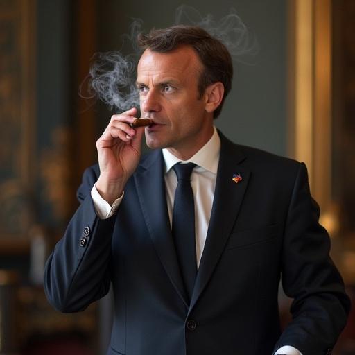 Individual dressed in a suit smoking a cigar. Setting appears to be a formal environment with ornate decor.