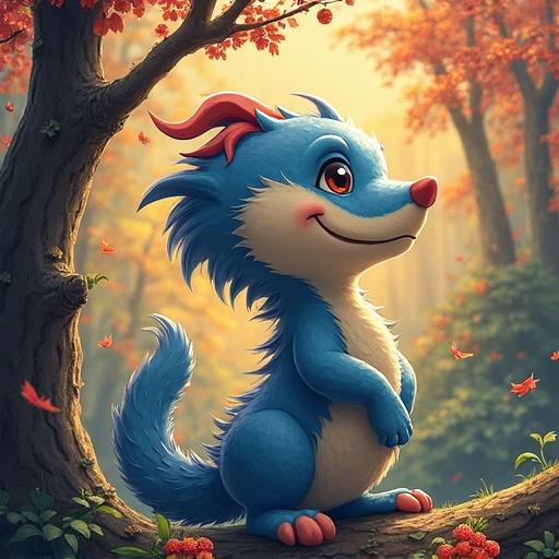A small blue cartoon creature with fluffy fur and a cute expression stands under autumn trees with colorful leaves.