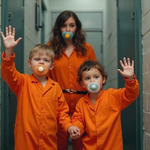 Mother and two children in vibrant orange jumpsuits in a jail-like hallway. Two kids are handcuffed and waving goodbye. Scene highlights playful family interaction with oversized pacifiers in their mouths. The mother appears to leave the scene while the children are staying in a locked area. The setting emphasizes both humor and innocence in a serious environment.