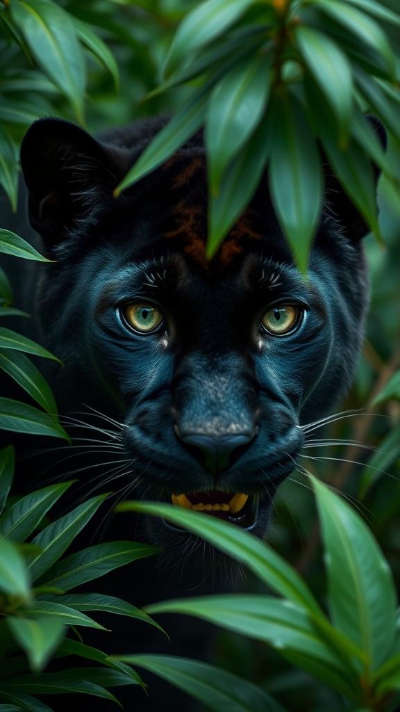 A black panther hidden among leaves, staring directly at the camera with intense, captivating eyes.