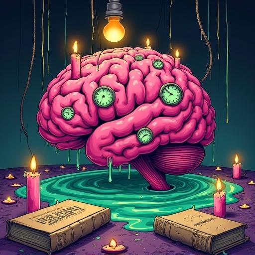 Hyper-detailed, hand-drawn digital illustration of a giant pink human brain floating in a swirling pool of neon-green ooze. Five round vintage clock faces are embedded in the brain's folds. Dozens of dripping, half-melted candles sit atop and around the brain, flickering flames casting warm yellow light. Scattered on the dark purple ground are thick, dusty books titled 'Unfinished Thoughts' and 'Forgotten Memories', splattered with green drips. Heavy industrial cables snake around the scene and a single bare bulb hangs overhead, illuminating the brain and ooze.