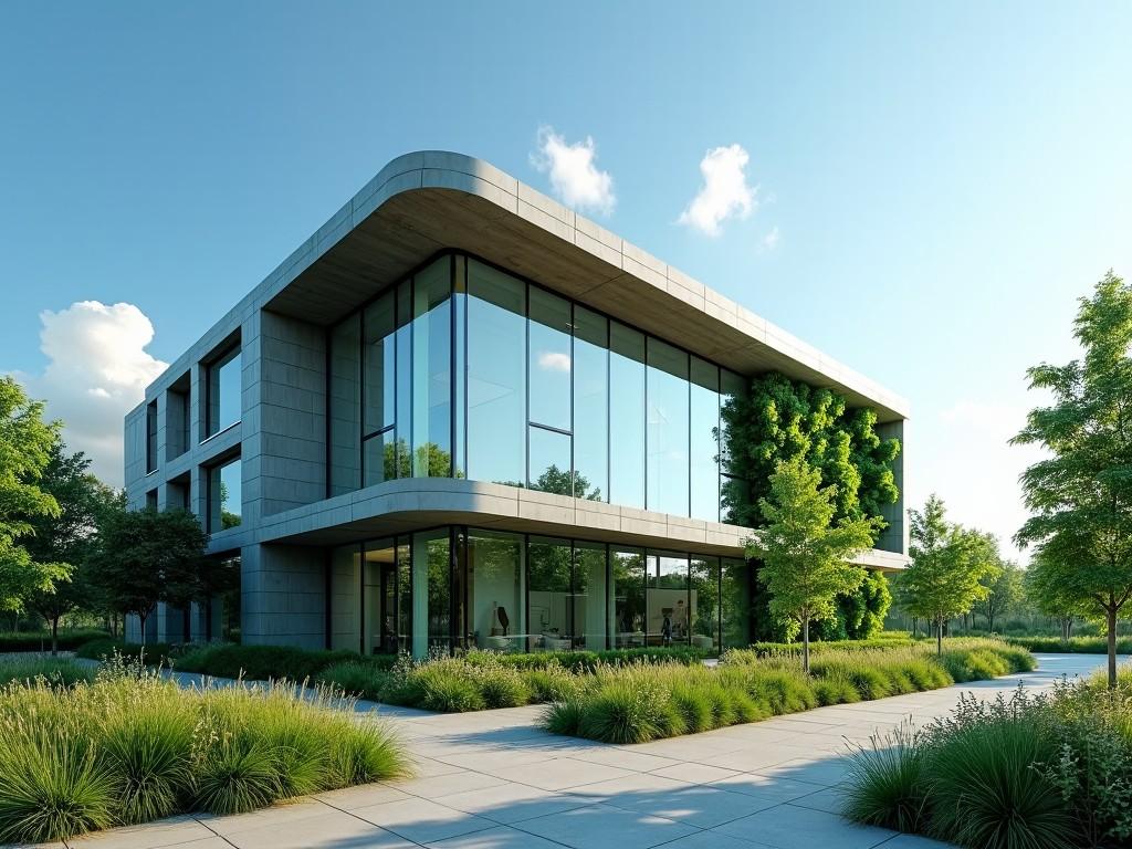 A modern, eco-friendly office building with lush greenery around it is depicted under a clear blue sky. The structure showcases large glass windows that reflect the sunlight beautifully. In front of the building, trees and native plants flourish, highlighting the theme of sustainable development. The image radiates a sense of calm professionalism. Natural light enhances the structure's features, making it look inviting and modern.