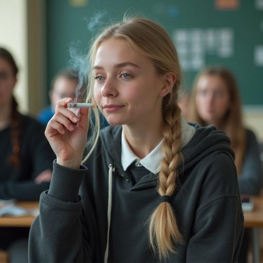 Cinematic image in school setting featuring beautiful swede teen female. She smiles while sitting with friends. Dark grey hoodie with white polo collar worn. Smoking a cigarette and exhaling smoke. Long blonde braid visible. Ashtray present on the table.
