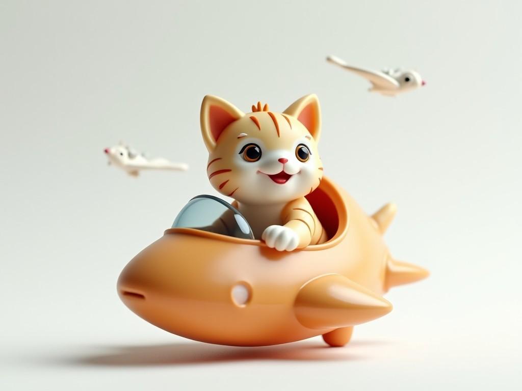 A tiny, adorable cat character is featured, delightfully seated in a small alien spaceship. The model is made of hand-carved plastic, exuding charm and creativity. It showcases smooth, detailed surfaces, emphasizing the cat's playful expression and imaginative design. The setting is minimalistic, placed against a clean, blank white background, which highlights the cat's presence. This scene captures the essence of fun and adventure, perfect for children and the young at heart.