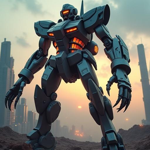 A towering biomechanical hybrid towers over a futuristic cityscape. The hybrid has a sleek carapace made of titanium and black chitin. Veins glow with bio-luminescence. Its tail is segmented like a scorpion. Claws drip molten alloy. The creature's chest glows crimson. A low-angle shot shows its power against the sky. It has photoreceptor eyes and thrusters that resemble wings.