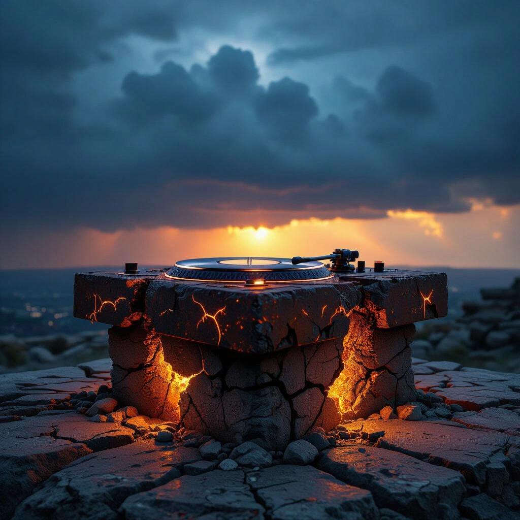 A DJ altar made of rusted metal features a glowing turntable placed on cracked stone. Above is a stormy sky filled with dark clouds and occasional lightning.