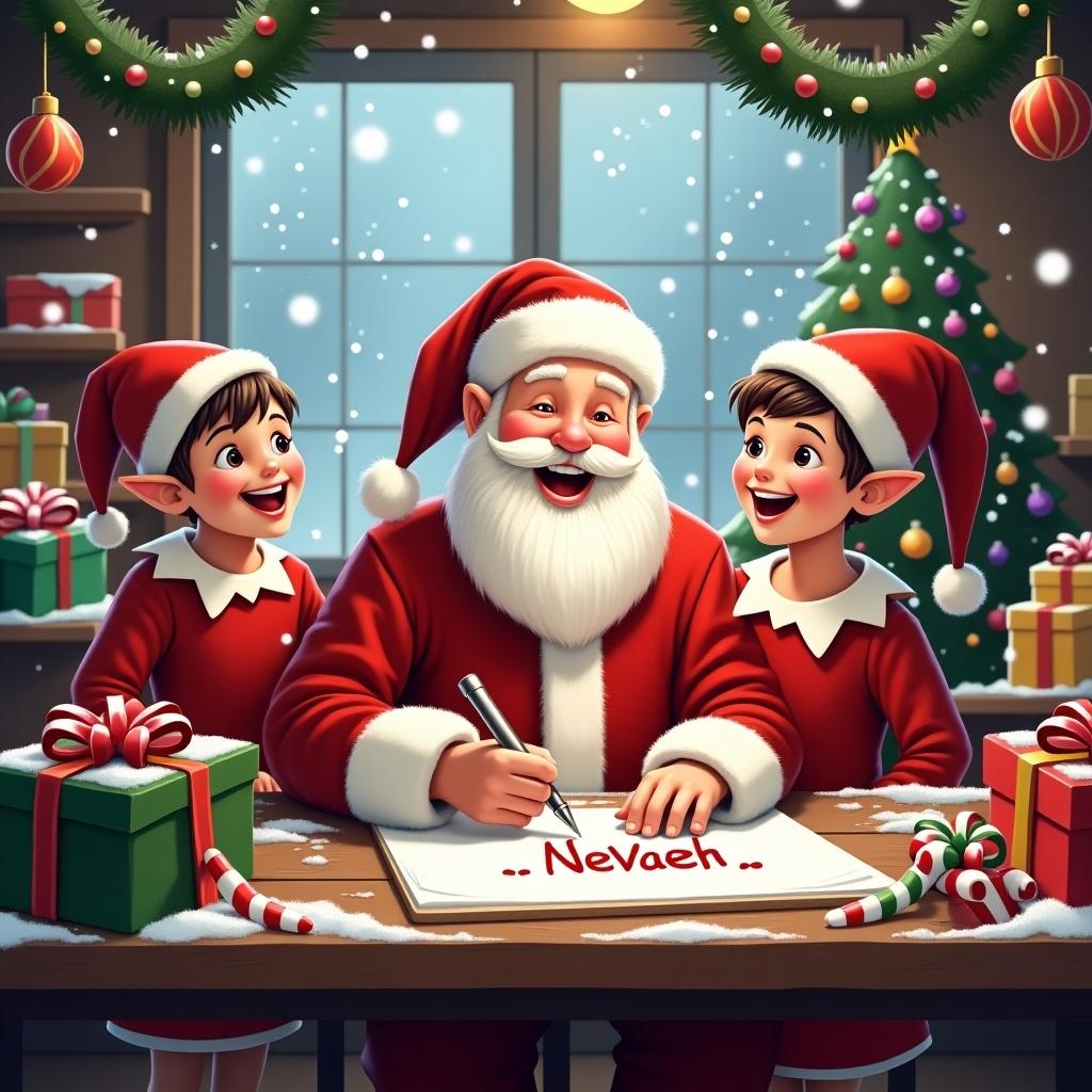 A joyful Christmas scene inside a busy workshop. Santa Claus is happily engaged with two cheerful elves wearing festive outfits. Brightly wrapped presents adorn the table. Colorful candy canes and ornaments create a cheerful atmosphere. Snow gently falls outside the window. Santa is joyfully writing the name 'NeVaeh'. Warm lighting highlights the essence of Christmas.