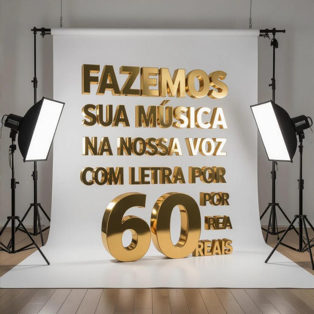 High-quality 3D typography art photography in a clean white studio background. The main subject is golden metallic text displaying 'FAZEMOS SUA MÚSICA NA NOSSA VOZ COM A SUA LETRA POR 60 REAIS'. The text is well organized with specific styling instructions for each part. Crisp focus with studio lighting.