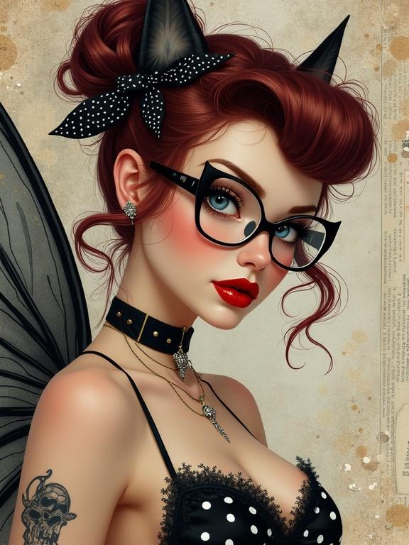 This image is of an attractive fairy styled in rockabilly pin-up fashion. The fairy has maroon hair in an updo with kitten hair clips, wears cat-eye glasses and red lipstick, and has polka dot wings. A black cat tattoo is on her arm. Vintage aesthetic with elements like skull motifs and mixed media textures.
