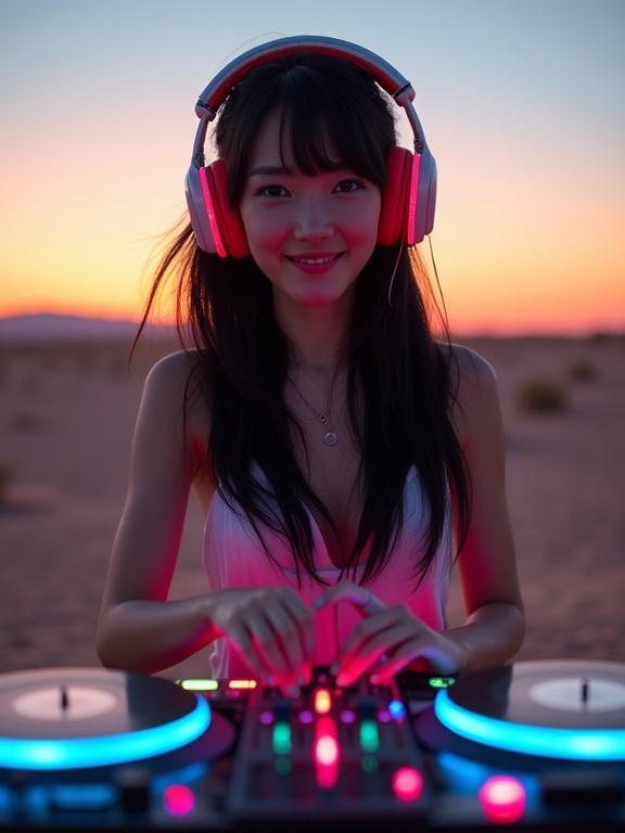 Young attractive woman DJing in desert at sunset. Hair flowing in breeze. Smiling and facing camera. Complex turntable with glowing lights. Minimalist futuristic outfit. Calm and confident expression. Wide-angle shot of her full body.