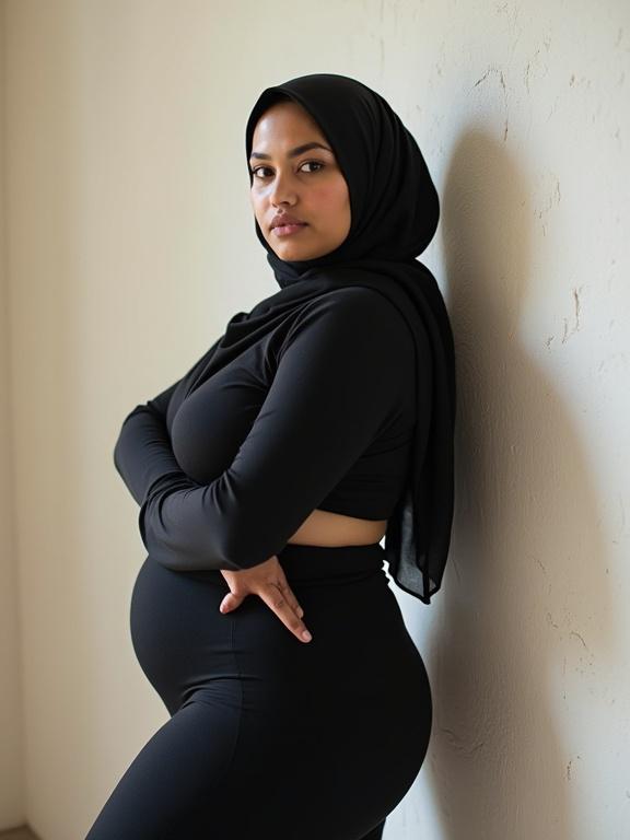 Chubby curvy pregnant woman in hijab wearing tight clothes poses confidently against a wall.