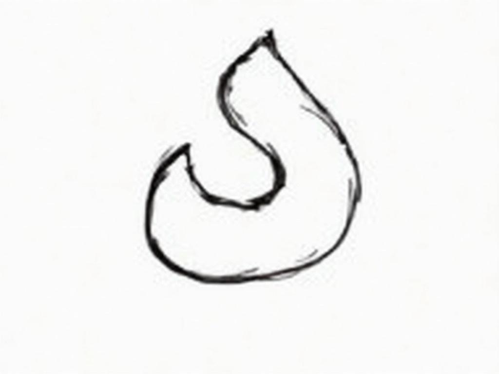 The image shows a stylized character or symbol that appears to be hand-drawn in black ink on white paper. It has an artistic and fluid design, with curves and lines that create a sense of movement. The character resembles a stylized letter or numeral but is abstract enough to be open to interpretation. It could evoke feelings of creativity or individuality due to its unique design. The simplicity of the black on white contrast adds to its visual appeal.