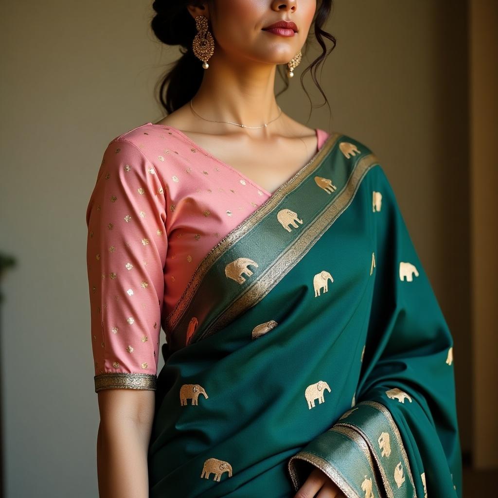 Woman in sea green saree with pink blouse. Saree features gold elephant prints. Silver lace borders embellish the saree.