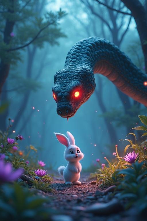 A brave white rabbit faces a large snake in a magical forest. The rabbit stands with wide eyes in front of a massive snake with glowing red eyes. The forest features vibrant greens, purples, and blues with glowing flowers. Stormy winds ruffle the rabbit's fur as glowing particles swirl around. The scene is lit dramatically with lightning.