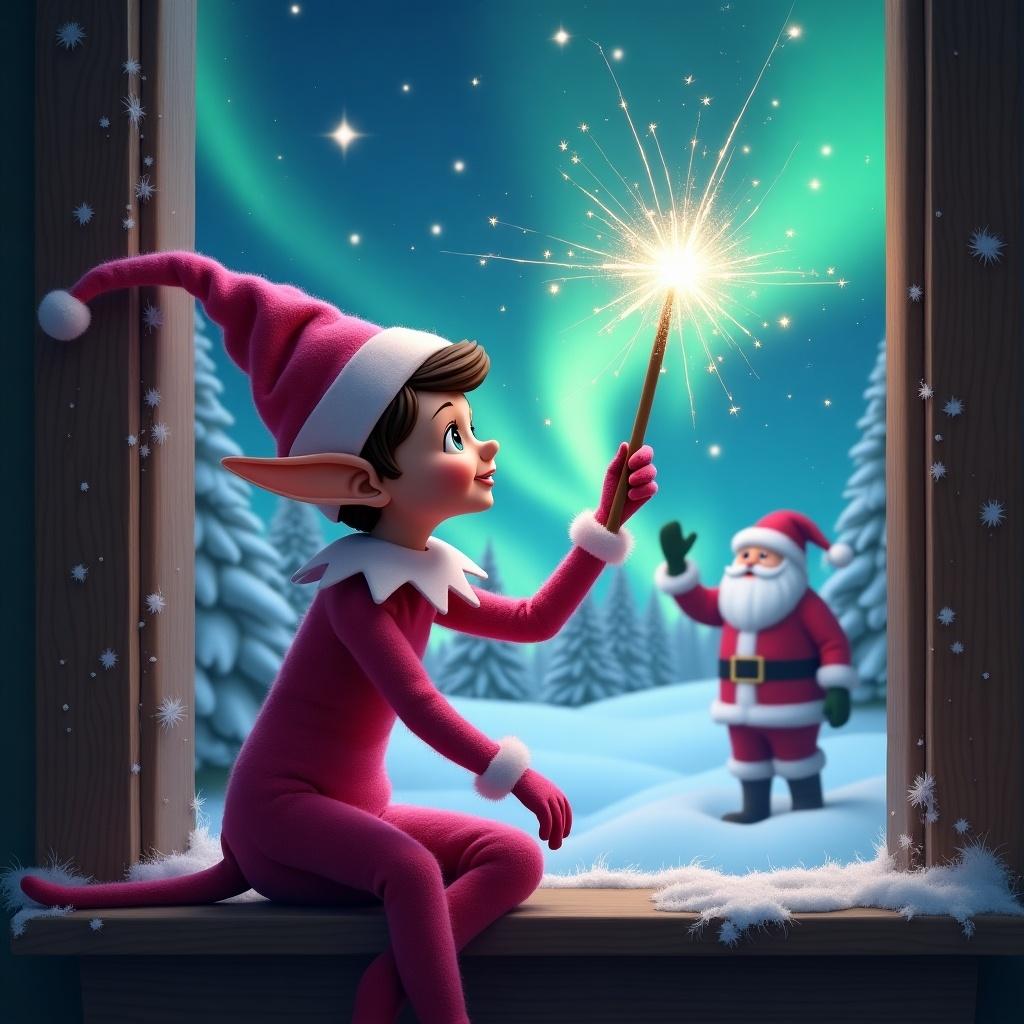 The scene features a pink elf with a shelf design, sitting on a snowy window ledge. The elf is facing the sky and using a wand to create a sparkling effect as it writes 'Camerin' in the air. The background is enchanting, showing a snowy landscape illuminated by the magical Northern Lights. In the distance, Santa Claus is waving, dressed in his classic red and black outfit. The atmosphere is joyful and festive, perfect for capturing the spirit of Christmas. The overall aesthetic combines a whimsical style with bright, inviting colors.