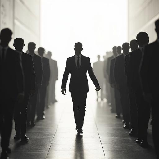 Stickman walks confidently toward crowd. Figures part slightly creating V-shape around him.
