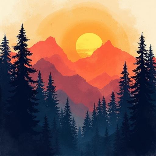 Abstract mountain forest landscape featuring a sunset. Sun setting behind peaks surrounded by tall trees.