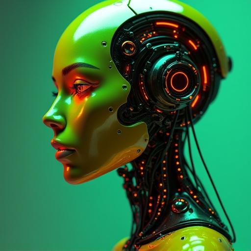 Image of a hyper realistic female robot with a thick metal face. The robot has a neon green and orange color scheme. The visualization is enhanced with high detail.