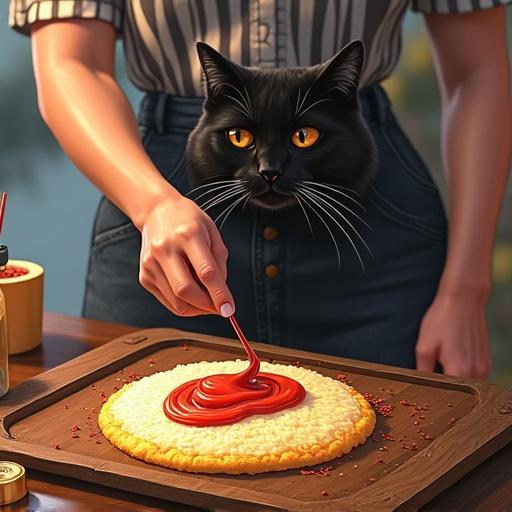 A female idol decorates omelet rice with ketchup in front of customers. The idol wears a drawing bottle holster on her waist. A futuristic black cat and the ghost Q-taro appear in the background. The scene is highly detailed, photorealistic, and bright with dramatic lighting.
