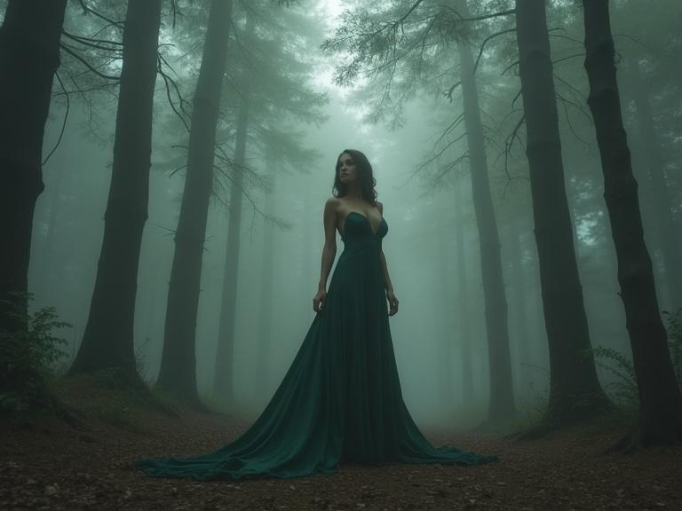 Gorgeous supermodel in a green dress standing in a misty ancient forest with tall trees.