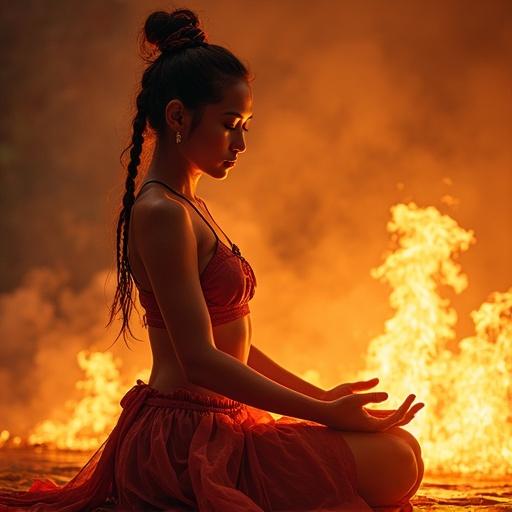 A figure in a seated pose surrounded by fire. The pose is elegant with subtle variations in body angle and hand placement. The posture reflects the dynamic nature of flames, evoking a sense of fluidity and grace.