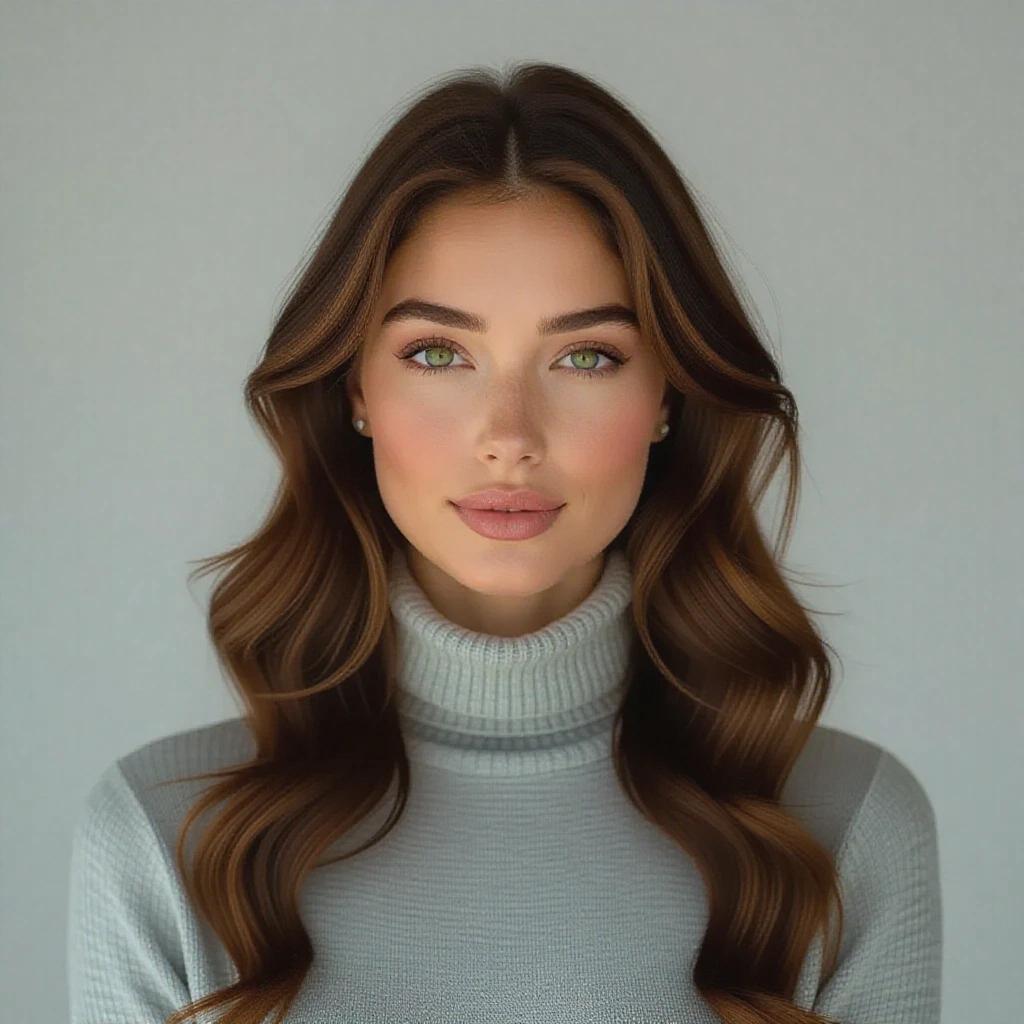 Woman with green eyes wears light gray turtleneck against neutral background. Radiates warmth and confidence. Cascading chestnut hair frames face. Flawless skin and natural makeup boost defined features. Soft, even lighting creates calm environment.