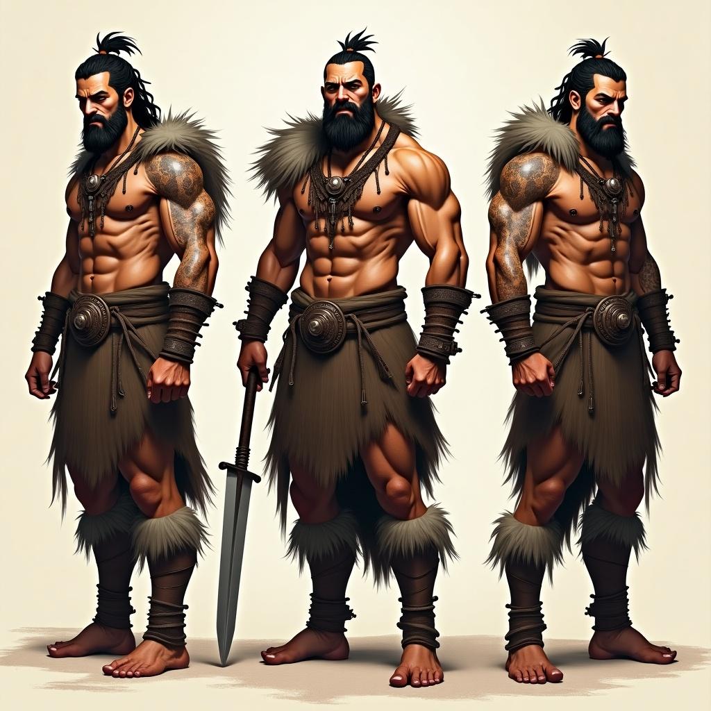 Portraits of a muscular barbarian warrior in a three-quarter view from the side. He wears fur clothing and holds a sword. Strong facial features and tattoos adorn his body. The lighting is soft and highlights his physique.