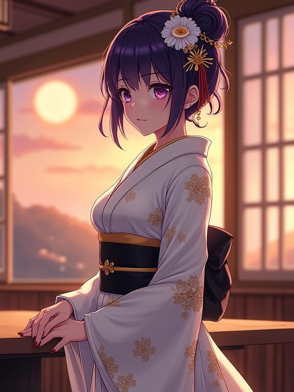 A lady with dark violet bob hairstyle and side-swept bangs. Hair styled in an updo with a white flower hair ornament. Calm expression. Wearing a white kimono with golden floral patterns and a black obi belt. Standing in a Japanese cafe at dusk with soft light, wooden interior, shoji screens, and sunset sky visible. Full figure is captured.