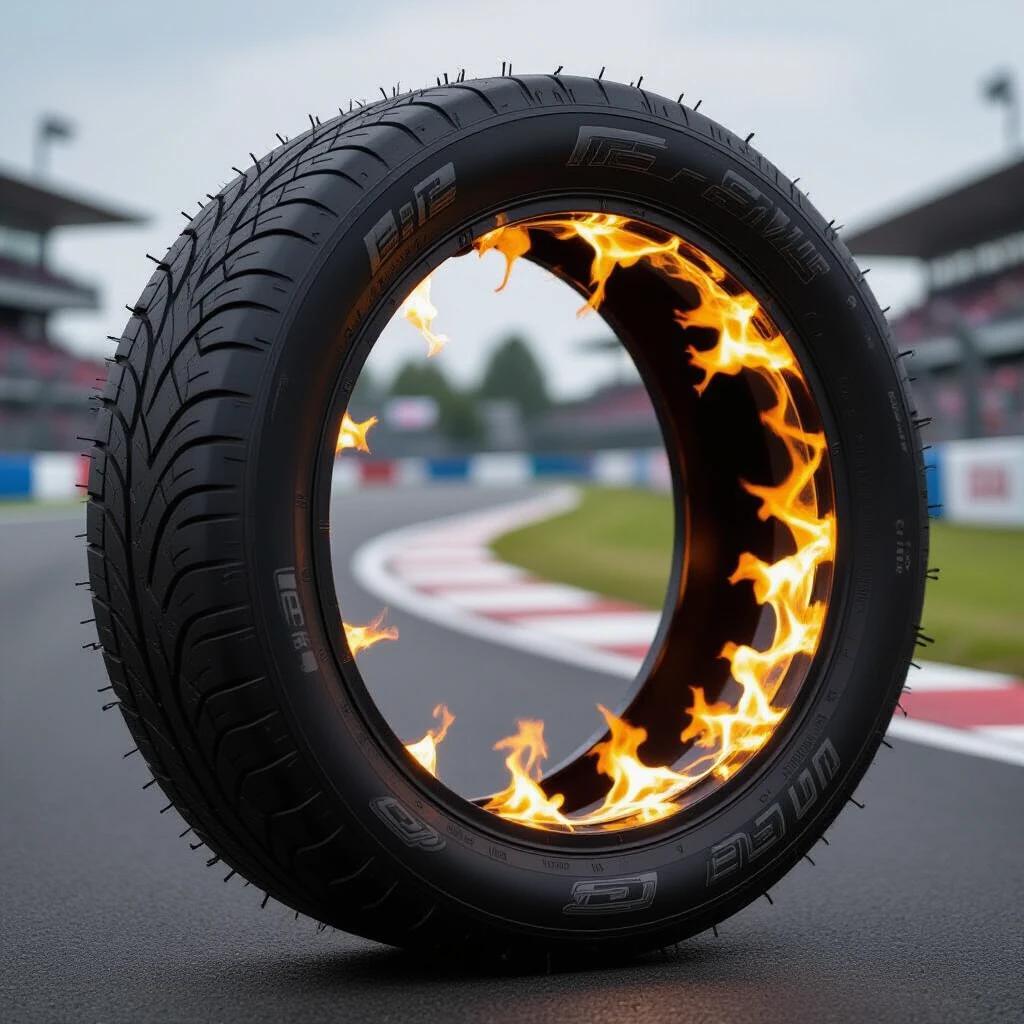 A race car tire with slits from inner to outer ring. Inside the tire is filled with fire visible through slits.