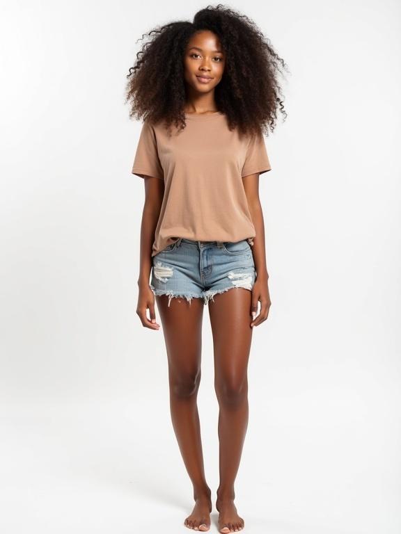 Full-body realistic photo of a woman with curly dark brown hair and medium skin tone. Neutral facial expression. Standing straight. Studio background is plain white.