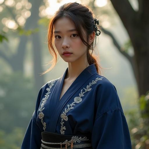 25 year old female scout named Clarisse wears an indigo kimono inspired outfit. Delicate silver embroidery enhances outfit elegance. Fabric reveals curves of chest and waist in an artistic manner. Medium length chestnut brown hair is waved and side swept. A kanzashi hairpin is in hair. She carries a lacquered yumi bow and a pouch at her waist. Misty forest at dawn is in background. Sunlight filters through ancient trees.