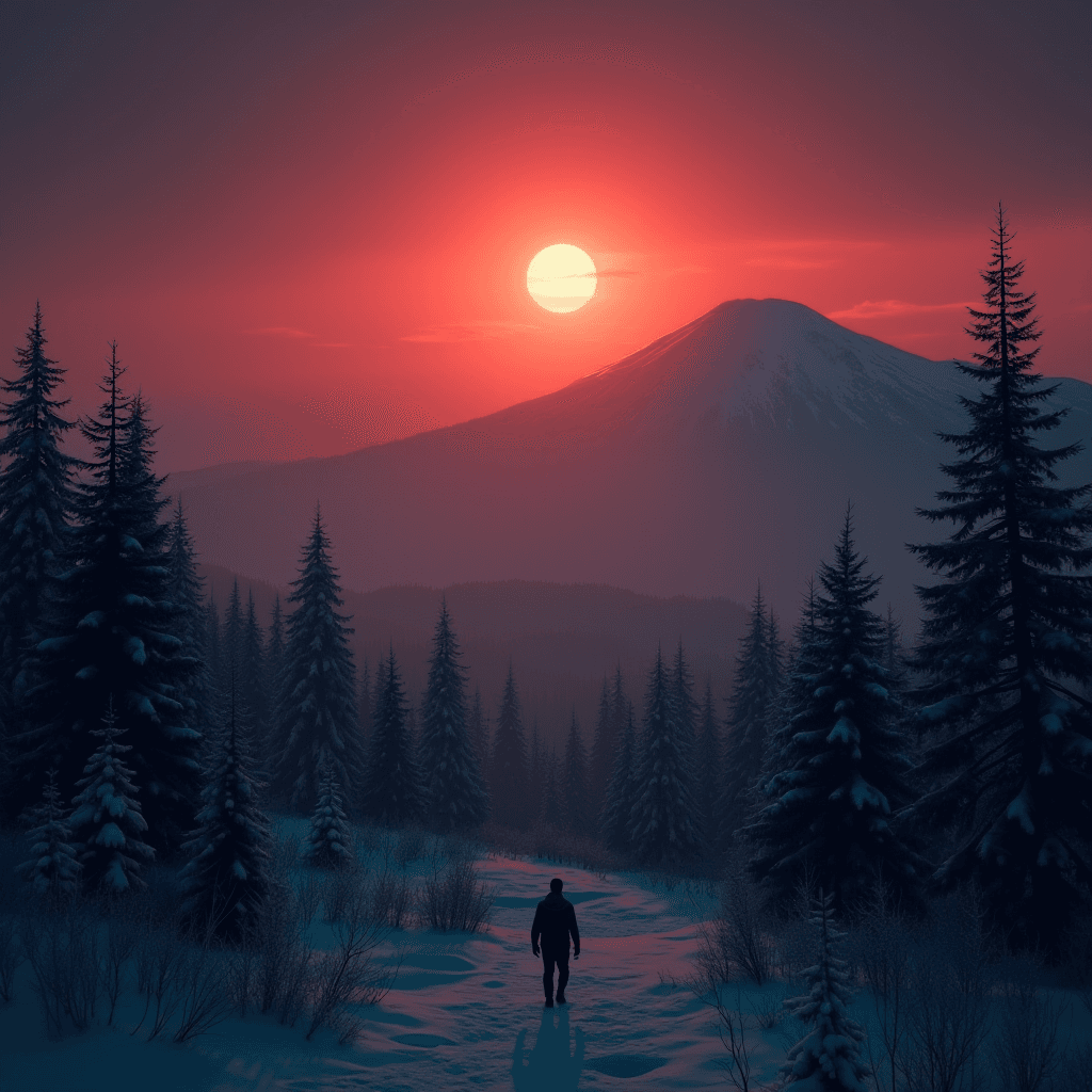 A lone figure walks through a snowy pine forest at sunset with a mountain silhouette in the background.