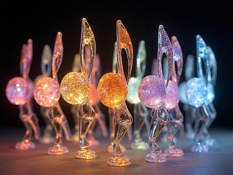 Many anthropomorphic glass and crystal musical notes in a group pose with open legs. Each musical note glows with a different color. There are soft and vibrant colors. The design is metallic and luminescent.