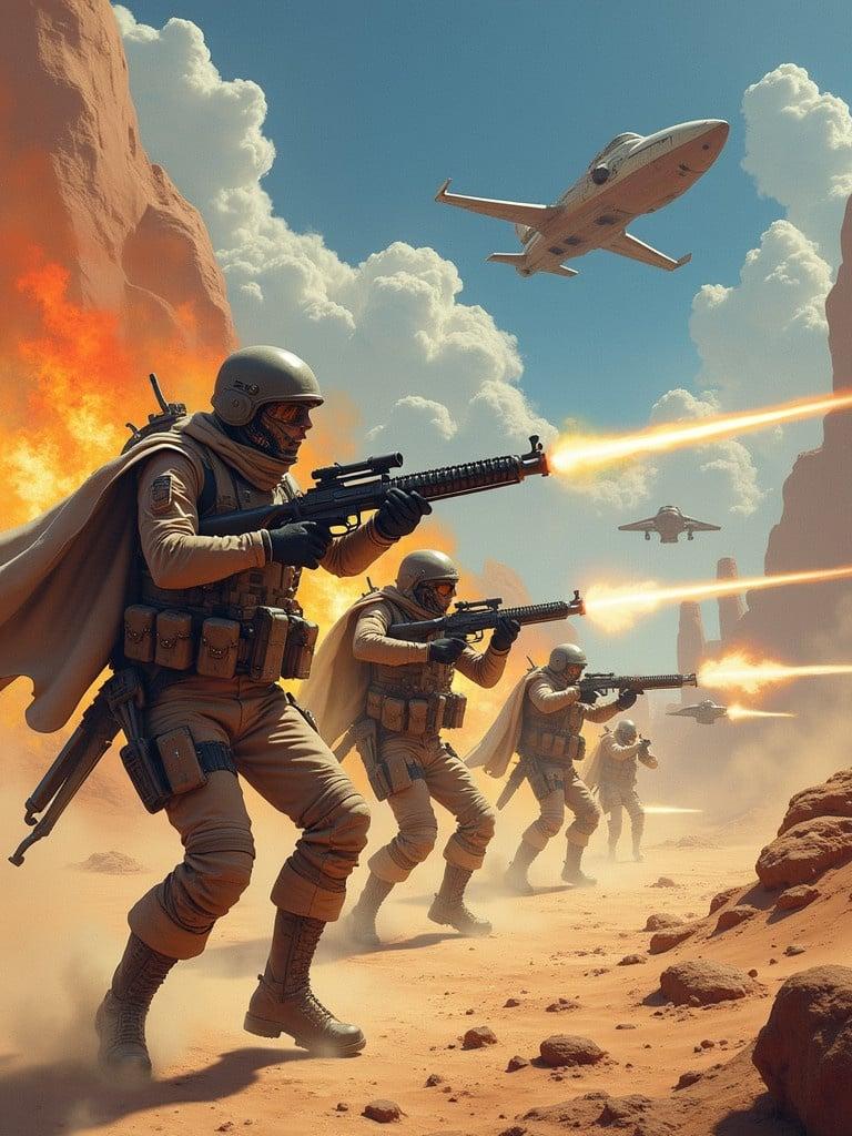 Scene shows soldiers in futuristic uniforms firing laser guns. Desert-like environment with explosions and flying vehicles. Bold colors are present with dramatic action.