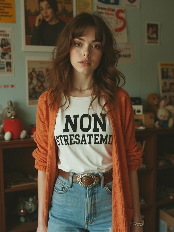 Woman dressed in 1980s style. Wears faded jeans and an open orange cardigan. T-shirt displays text 'NON STRESSATEMI'. Background features posters and stuffed animals. Captured with poor lighting and dull colors. Makeup is heavy. Image has a Polaroid style.