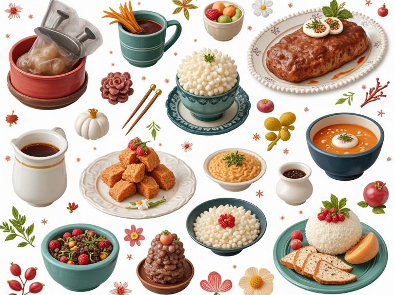 A colorful assortment of various dishes including desserts and main courses. Items include ice cream, meatloaf, rice, and soup. The layout is playful and vibrant with floral accents.