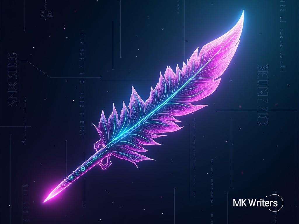 The image features a vibrant neon quill designed with a feather motif. It glows in bright pink and blue hues against a dark background. This unique writing instrument blends traditional and futuristic aesthetic. The quill symbolizes creativity and the art of writing. The overall look suggests a connection to digital art and imaginative themes. It is ideal for projects related to literature, art, or education.