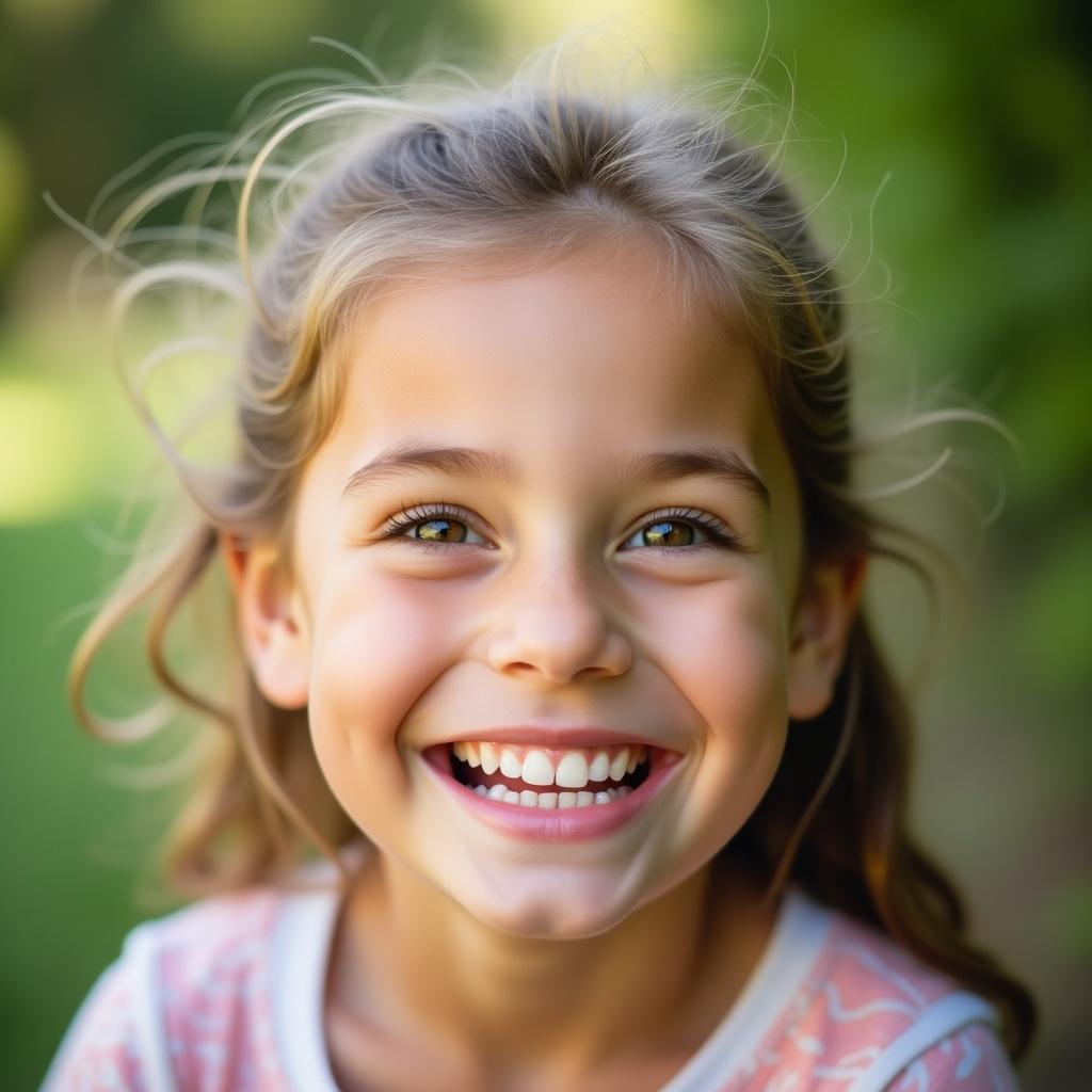 Close-up of a young girl smiling broadly. Joyful expression radiates happiness. Perfectly aligned teeth and sparkling eyes. Background softly blurred with hints of green. Natural and bright lighting illuminates her face beautifully. Captures essence of childhood joy and innocence in a candid manner.