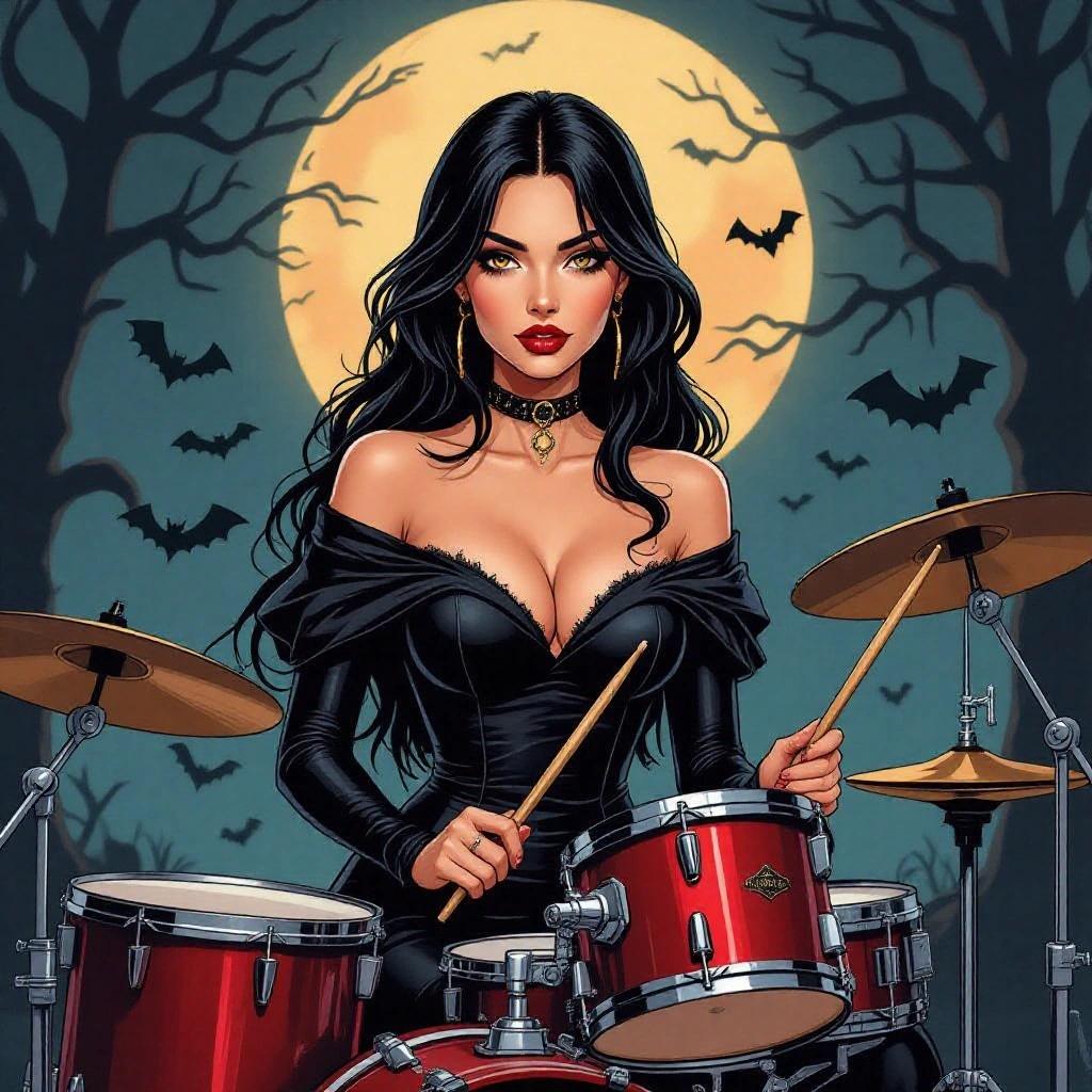 Illustration in dark-gothic style featuring a vampire woman playing the drums at night with a full moon in the background.