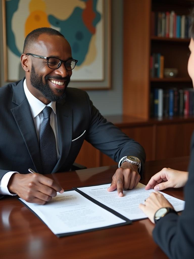 A Brown CEO in a formal office is reviewing a contract with a client. Both are at a polished wooden table. The CEO is smiling and pointing at a contract document. The background has abstract art on the wall and a bookshelf.