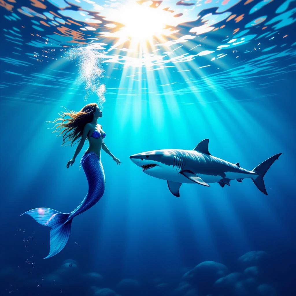 Mermaid swims gracefully in deep ocean. Great white shark nearby. Sunlight streams from above creating enchanting underwater scene.