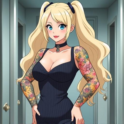 Anime character standing in a luxurious restroom wearing a pinstriped office dress. The character features colorful Japanese tattoos and long light blonde pigtails. The setting is modern and stylish with a focus on the woman's confident pose and attire.