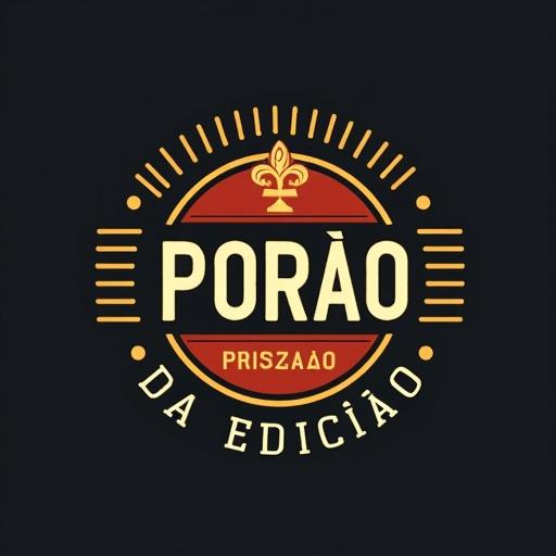 Logotipo moderno destacando as palavras Porão da Edição. Estilo vintage com cores vermelhas e douradas. Contornos marcantes e detalhes elegantes.