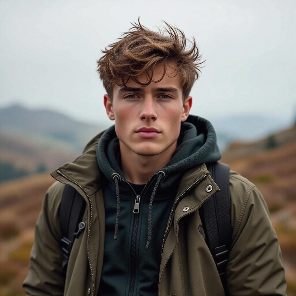 Portrait of a young man in outdoor clothing against a natural backdrop. He has tousled hair and a confident yet insecure expression. The setting evokes a sense of adventure and introspection.