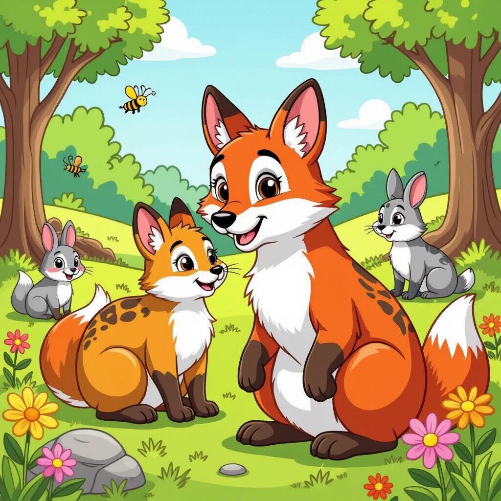 Cartoon illustration of foxes and rabbits in a vibrant forest. Two foxes sit together in the foreground. Background includes trees flowers and bees. A cute and friendly animal theme without humans.