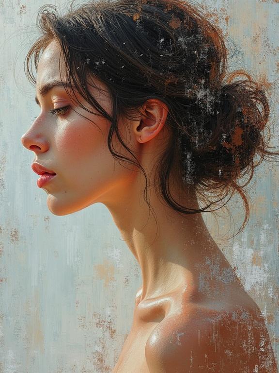 Impressionist style portrait of a woman showcased in side profile with an emphasis on textured brushstrokes and delicate skin tones.