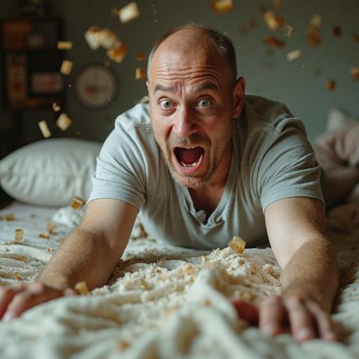 Photo of a middle-aged man looking frightened in messy bedroom. Reaction indicating panic from explosion. Scene has flying debris like pillows and sheets. Lighting enhances intensity. Inspired by 1970s comedy and action films.
