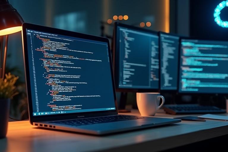 Modern desk setup features a laptop and a large monitor displaying code. Coffee cup is nearby. Subtle tech themes are in the background. Designed as a LinkedIn banner.