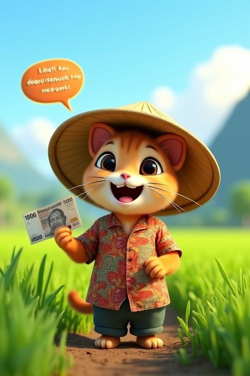 3D animation in Pixar style features a cute cat in a rice field during daylight. Cat wears traditional Indonesian farmer clothing with a conical hat and a batik shirt. Holding a 10,000 Rupiah banknote in one paw. Cat smiles with open mouth and expressive eyes. Speech bubble says: 'Lihat! Aku dapat sepuluh ribu hari ini!'. Background shows lush green rice paddies, clear blue sky, and distant mountains. Scene is colorful and cheerful.