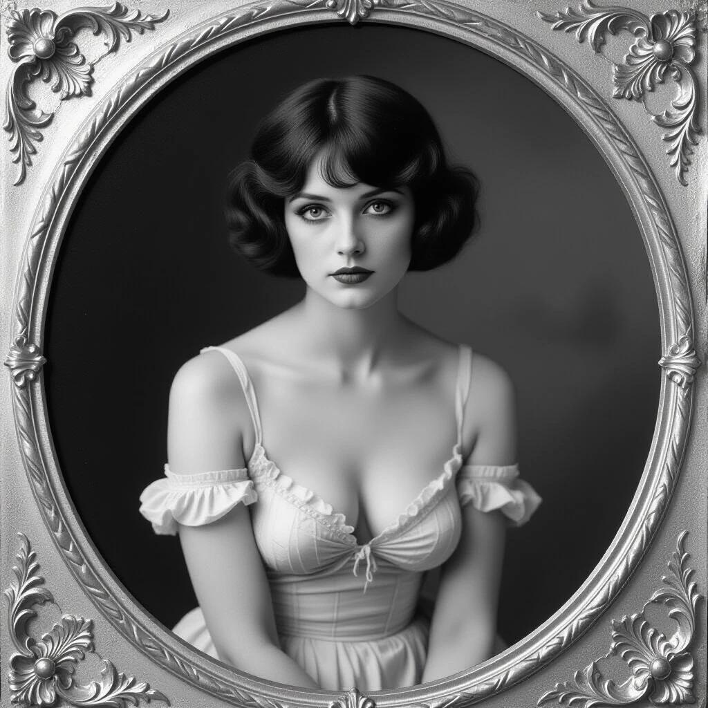 Antique black and white portrait shows a mysterious half-dressed woman. Woman has short hair. The image presents a disturbing visual concept. Portrait framed in an ornate style.